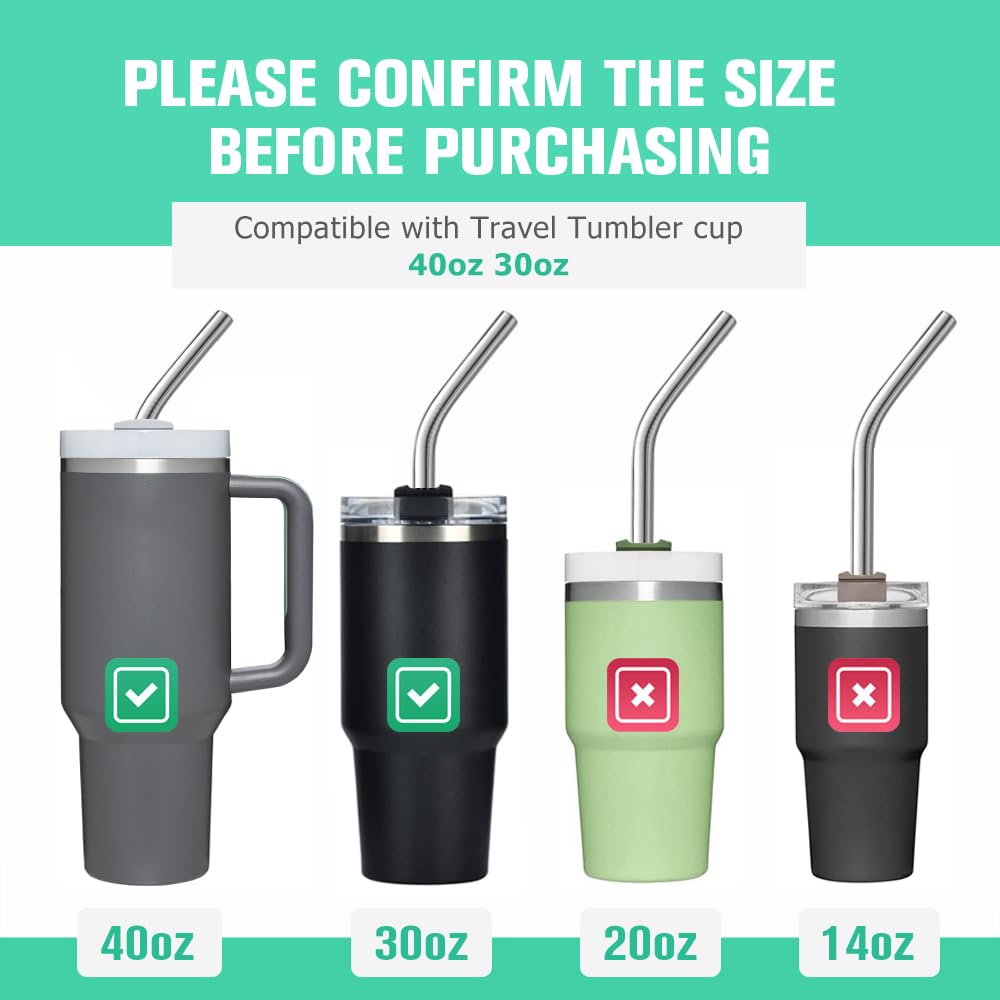 8 Piece 5/16 Inch (8Mm) Wide Bent Stainless Steel Straws For 40 Oz Tumbler With Handle, 12 Inch Long Reusable Metal Drinking Str